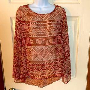 Hug long bell sleeve tunic burnt orange geometric print lightweight size medium
